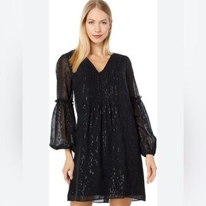 NWT Lilly Pulitzer Cleme Long Sleeve Silk Dress Onyx Fish Clip Chiffon